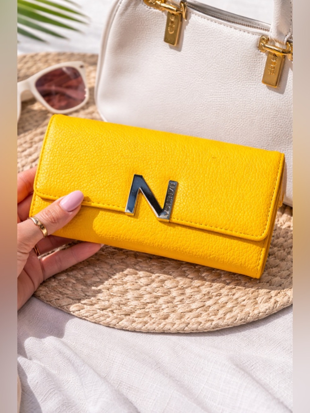 NEW Nautica Yellow RFID Wallet Faux Leather Slim Clutch With Navy Blue Interior